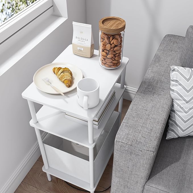 Small Side Table with Charging Station, End Table for Small Spaces, Slim Nightstand with Outlet,Sofa Beside Table, 3-Tier Storage Shelf,Living Room, Bed Room, Natrual White