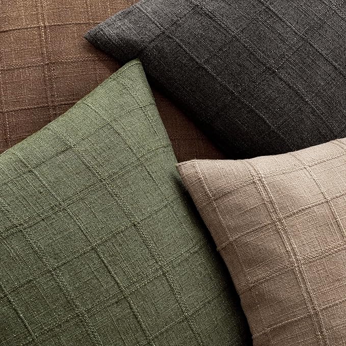 Foindtower Set of 2 Decorative Linen Check Throw Pillow Covers Neutral Farmhouse Vintage Cushion Covers Modern Boho Home Decor for Sofa Chair Couch Bedroom Living Room Outdoor,24×24 Inch,Olive Green