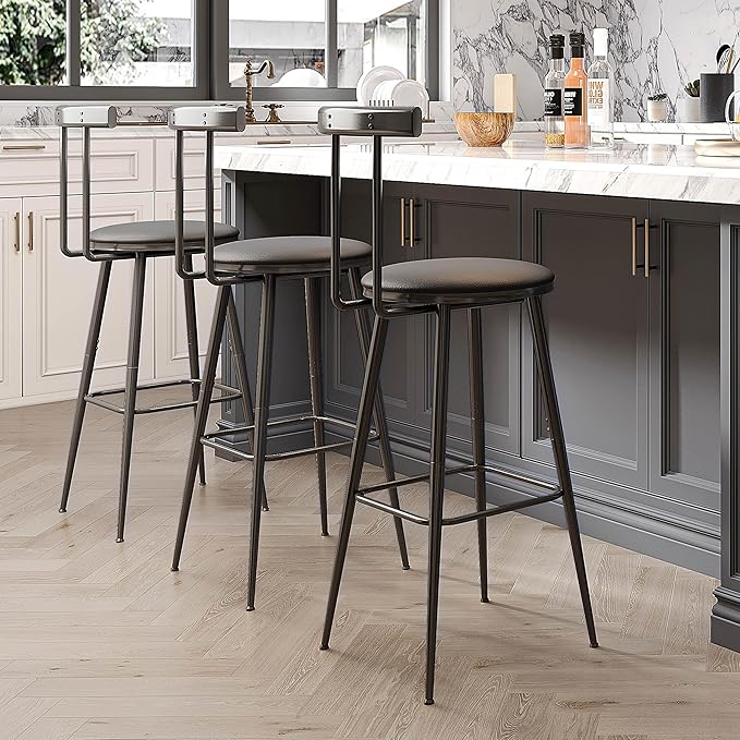 Bar Stools, Set of 2 High Kitchen Barstools, Bar Chairs with Backrest and Footrest, Industrial Counter Stools with PU Soft seat, for Kitchen, Living Room, Pub, Black BS-013BK