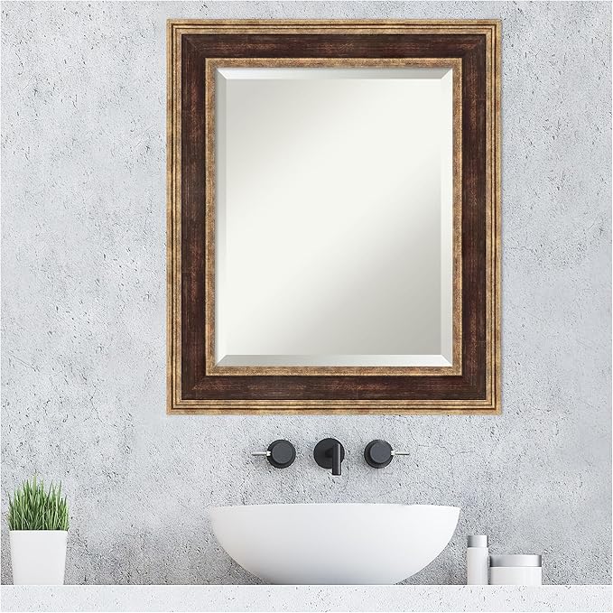 Amanti Art Bronze Bathroom Mirror for Over Sink, 26x22 Ridge Light Bronze Rectangle Vanity Mirror, Small Traditional Frame, Hangs Horizonally and Vertically, Bathroom Wall Decor, Beveled Edge
