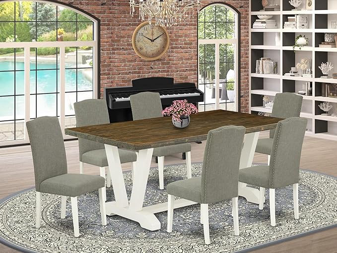 East West Furniture V077EN206-7 7 Piece Dining Room Furniture Set Consist of a Rectangle Dining Table with V-Legs and 6 Dark Shitake Linen Fabric Parsons Chairs, 40x72 Inch, Multi-Color