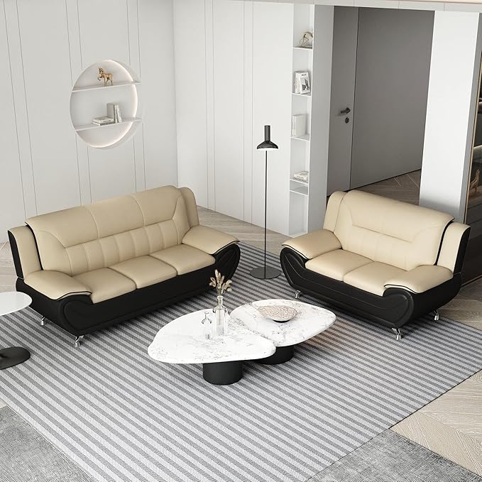 Container Furniture Direct Michael Modern Faux Leather Upholstered Stainless Steel Legs Living Room Sofa, Loveseat, Camel/Black