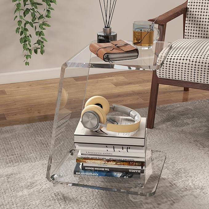 Modern Acrylic Side Table, Mobile C Shaped End Table for Sofa, Invisible Style Nightstand/Drink Tables/Snack Rolling Cart - Unique Stable Trapezoid Frame Design