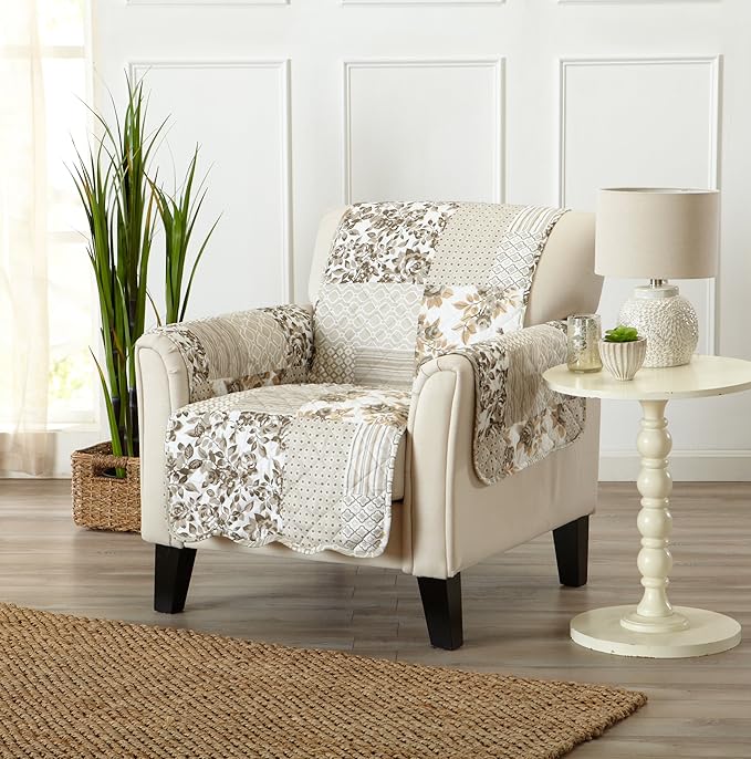 Great Bay Home Patchwork Scalloped Printed Furniture Protector Stain Resistant Chair Cover (Chair, Taupe)