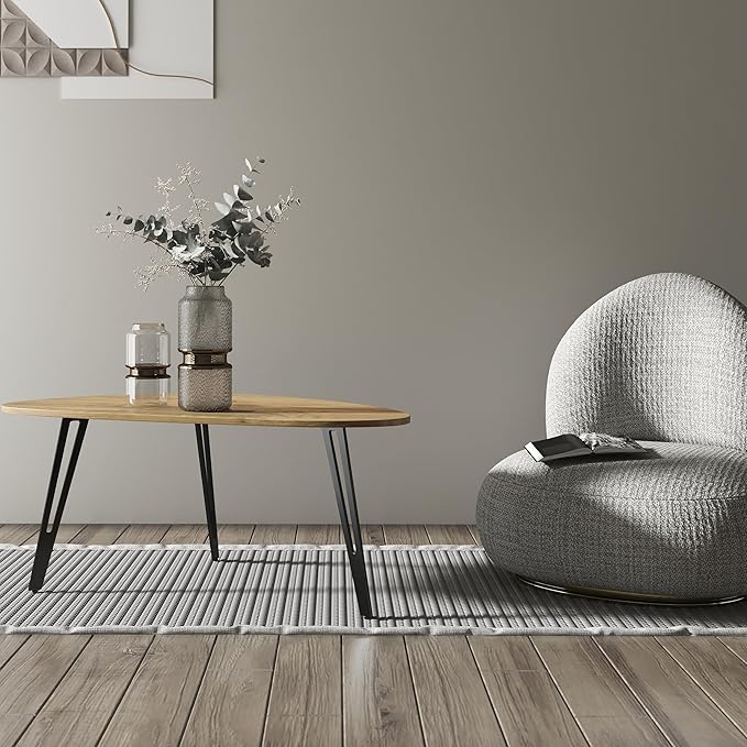 Manora Modern Mid Century Coffee Table, Oval Triangle Wood Center Table with Sturdy Metal Legs, Stylish Living Room Accent Table for Small Spaces