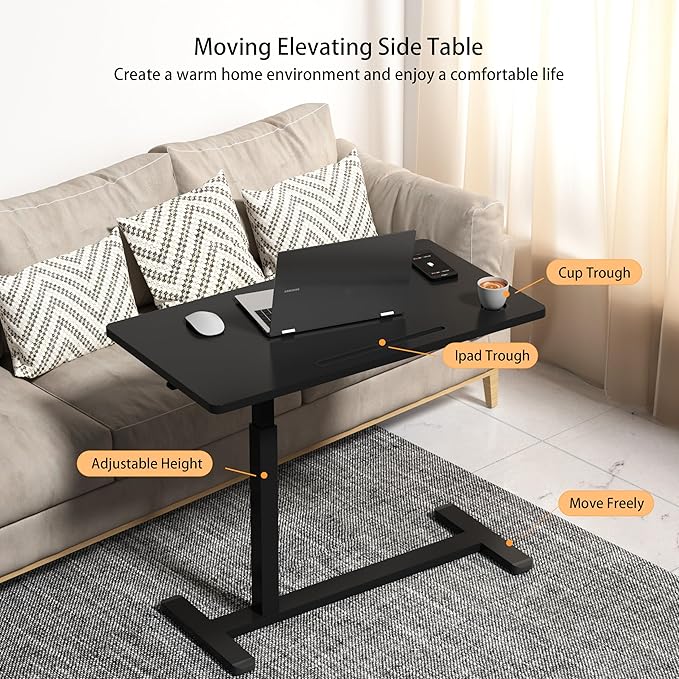 Home Office Desks Height Adjustable with 360° Moveable Hidden Wheels,Multifunctional Pneumatic Laptop Desk Suitable for Sofa、Bedside、Study and Work Use,Black