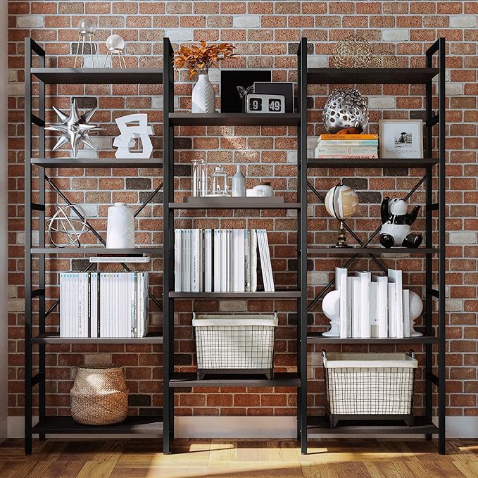 IRONCK Bookcases and Bookshelves Triple Wide 5 Tiers Industrial Bookshelf, Large Etagere Bookshelf Open Display Shelves with Metal Frame for Living Room Bedroom Home Office