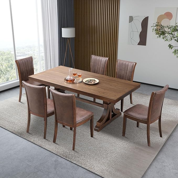 KEIKI Retro 7-Piece Wooden Dining Table Set for 6 Person, Mid-Century Style Table Set with Rectangular MDF Table and 6 Faux Leather Upholstered Chair, Easy Assembly, for Kitchen, Dining Room, Oak