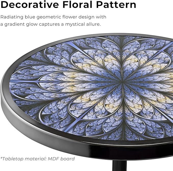 HOMES: Inside + Out Halric Modern 24" Tall Round End Table with Printed Tabletop and Iron Metal Base, Accent Furniture, Pedestal Stand for Living Room, Home Office, Black with Geometric Floral