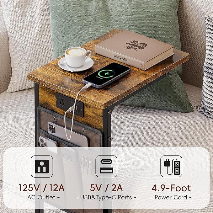 Vagusicc C Shaped End Table with Charging Station, Small Side Table for Couch, Tall Sofa Table Couch Side Tables, Slide Under Sofa Table TV Tray Arm C Tables for Living Room, Bedroom, Bedside, Brown