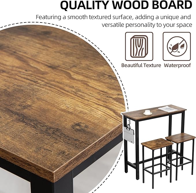 Finnhomy Bar Table Set, 39.3" Pub Table High Top Table, Rectangular Bar Height Table, Bar Table with Stools, Kitchen Table Set for 2, Industrial Breakfast for Kitchen, Living Room, Rustic Brown