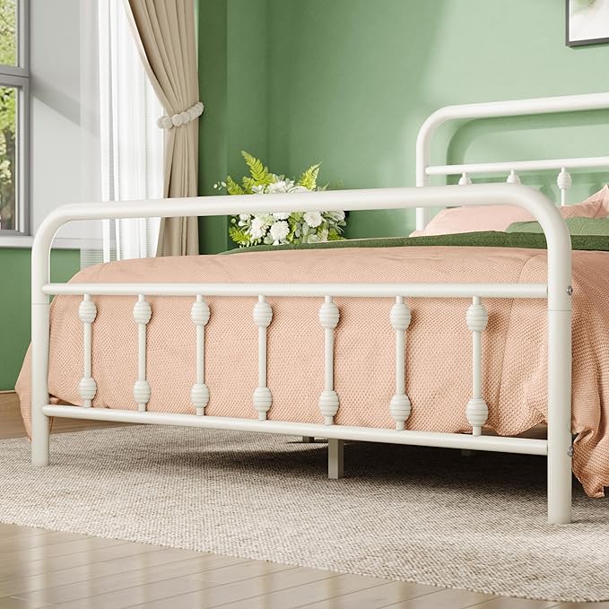 Allewie 14 Inches Full Size Metal Platform Bed Frame with Victorian Style Iron-Art Headboard/Footboard, Mattress Foundation, Easy Assembly, Under Bed Storage, No Box Spring Required, Off White