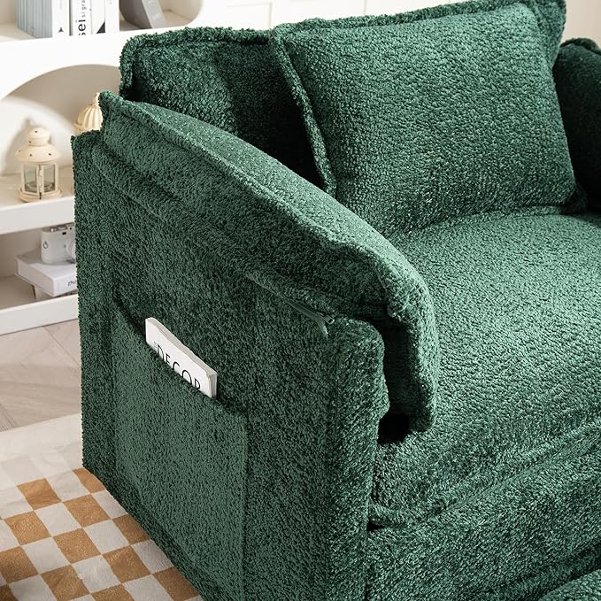 Furniliving Oversized Accent Chairs with Ottoman, Luxury Boucle Single Sofa, Upholstered Deep Seat Chaise Lounge with Pillows for Living Room, Bedroom, Apartment, Green
