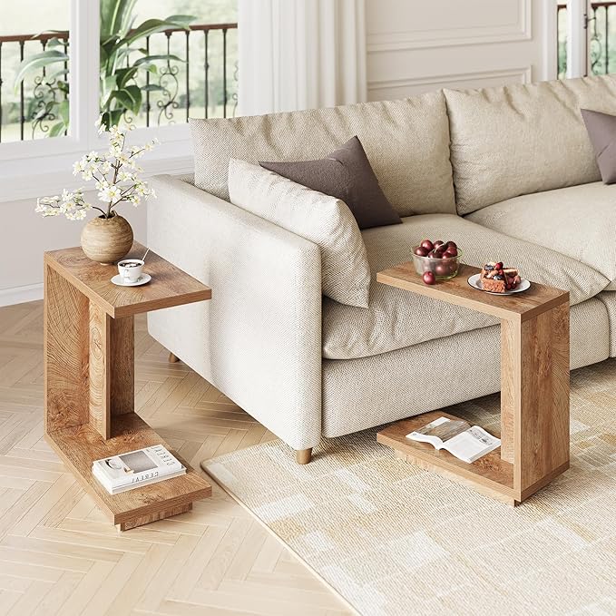 LITTLE TREE C-Shaped Side Table, Narrow 2-Tier End Table for Living Room, Couch, Bedroom, Bedside, Nightstand, Brown
