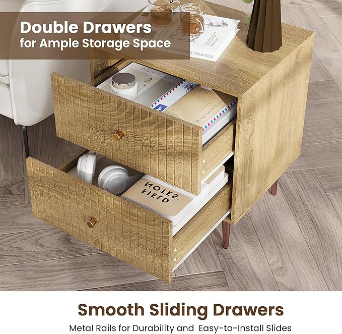 Wood Night Stand Set 2,Modern Bedside Table with Door and Open Storage Space,Fluted Nightstand and Wood End Side Table with Rose Gold Metal Legs and Handles for Bedroom,Living Room,Natural