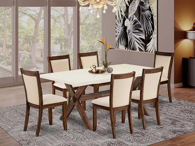 East West Furniture X727MZN32-7 7 Piece Modern Dining Table Set Consist of a Rectangle Wooden Table with X-Legs and 6 Light Beige Linen Fabric Upholstered Chairs, 40x72 Inch, Multi-Color