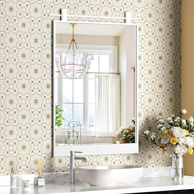 24x36 Inch Rectangle Bathroom Vanity Mirror for Wall Mounted Over Sink Farmhouse Rustic White Frame Barn Door Mirrors Foyer Entryway Decor