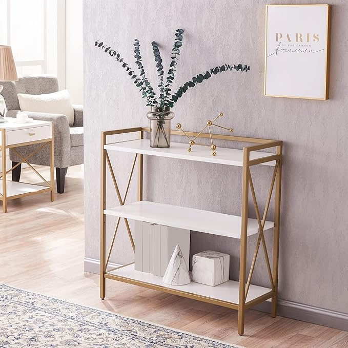 Leick Home Claudette Mixed Metal and Wood Bookshelf, White and Gold, Compact Storage for Small Spaces, 9261-WTGL
