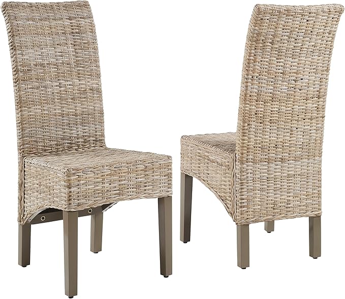 Crosley Furniture Edelyn Natural Rattan Dining Chairs Set of 2, Farmhouse Kitchen Accent Chair with Cushion, Kubu Rattan/Gray