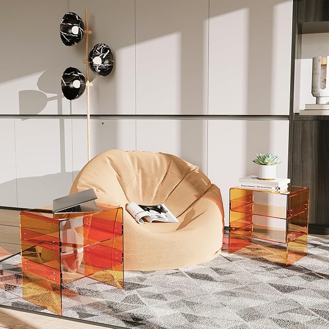 Acrylic 2-Tier Side Table with Storage Mini Modern End Table/Nightstand with Double Shelves for Bedroom, Living Room, and Bathroom Easy Assembly Orange