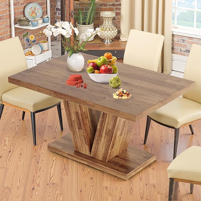47 Inch Dining Table for 4, Farmhouse Dinner Table Wooden Kitchen Tables with Heavy Duty Pedestal for Dining Room, Kitchen, Living Room, Walnut Brown