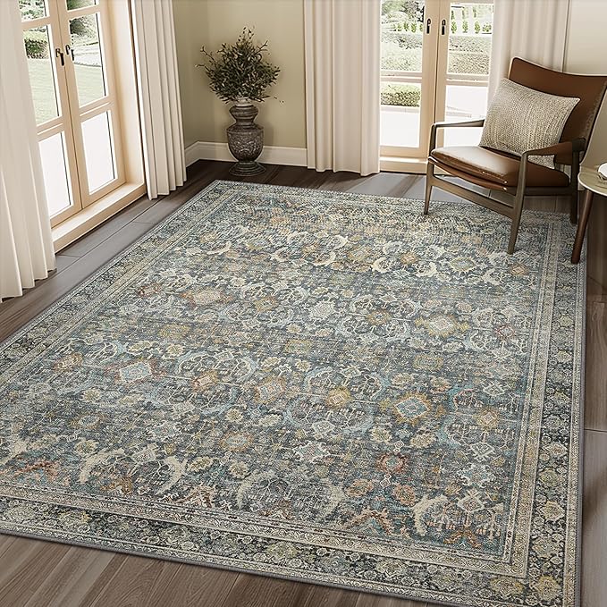 3X5 Area Rugs Machine Washable Rugs for Living Room, Vintage Boho Large Rugs for Bedroom Dining Room, Non Slip Indoor Soft Distressed Lightweight Thin Low Pile Carpet, Terracotta