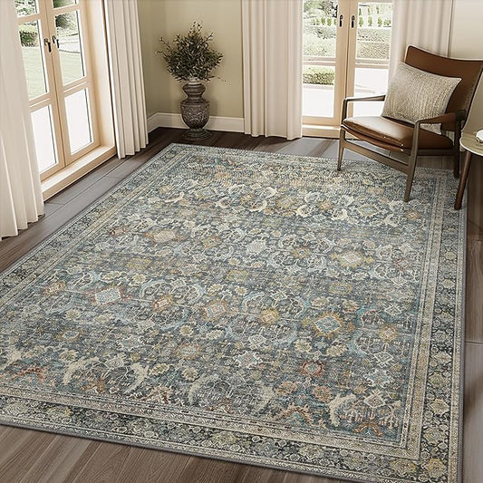 5X7 Area Rugs Machine Washable Rugs for Living Room, Vintage Boho Large Rugs for Bedroom Dining Room, Non Slip Indoor Soft Distressed Lightweight Thin Low Pile Carpet, Terracotta