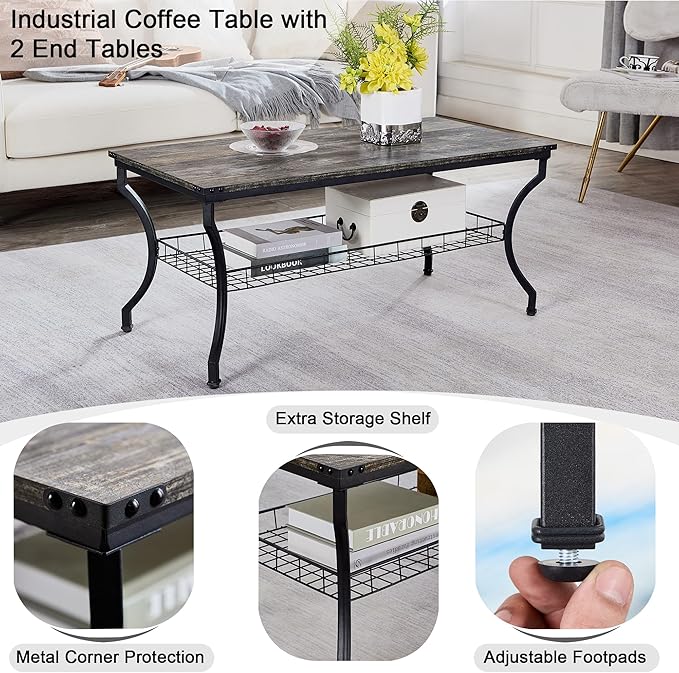 VECELO 3 Pieces Living Room Table Sets, Coffee and End Tables with Open Storage Shelves for Apartment, Home Office, Small Space, Easy Assembly, Grey Oak