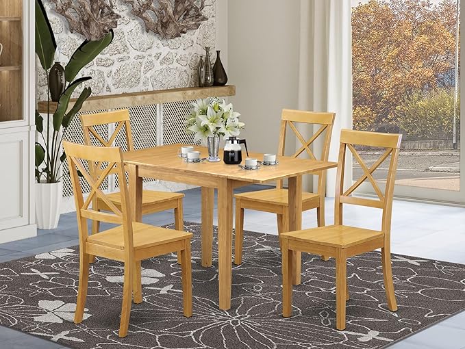 East West Furniture NDBO5-OAK-W 5 Piece Kitchen Table Set for 4 Includes a Rectangle Dining Room Table with Dropleaf and 4 Solid Wood Seat Chairs, 30x48 Inch, Oak