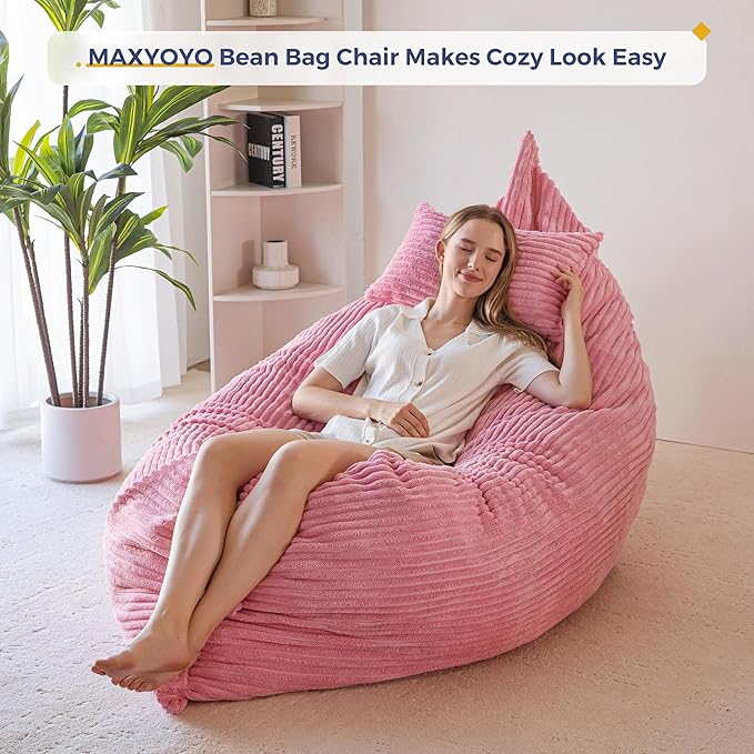 MAXYOYO Giant Bean Bag Chair with Pillow, 3 in 1 Convertible Bean Bag Chair for Adults with Washable Cover, Removable Floor Cushion Stuffed Floor Lounger for Living Room Bedroom, Pink, Full