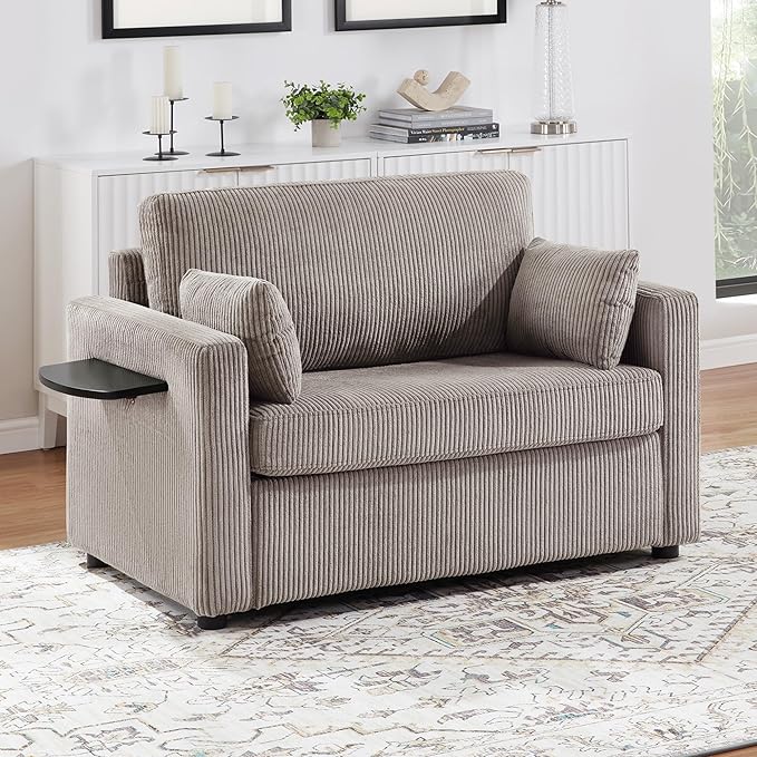 Twin Size Sofa Bed 47.2" Sleeper Sofa Loveseat Sofa with a Foldable Mattress, a Foldable Side Table, a Side Storage Pocket and Two USB Ports for Living Room, Grey-Brown
