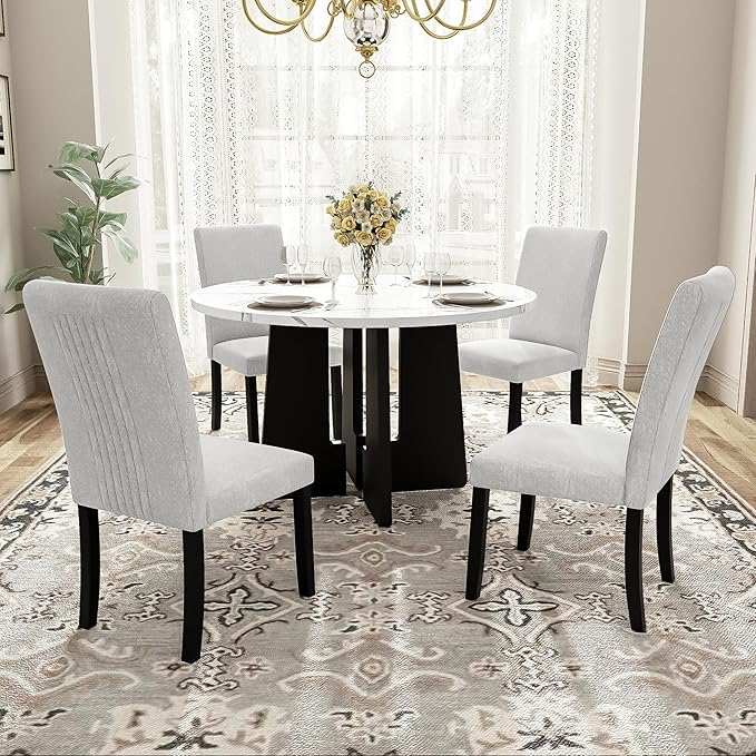 Merax 5-Piece Round Dining Table Set, Modern 4 Upholstered Chairs for Living,Kitchen Room, 43 Inch, Beige+White