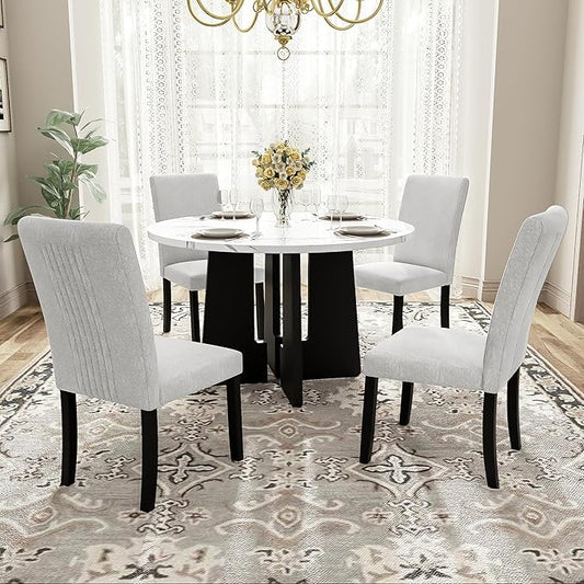 Merax 5-Piece Round Dining Table Set, Modern 4 Upholstered Chairs for Living,Kitchen Room, 43 Inch, Beige+White