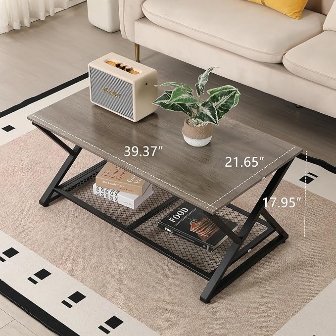 SENIG Coffee Table with Storage Shelf, Industrial Metal Wood Living Room Tables, Rectangle Center Table 39 Inch, Vintage Simple 2 Tier Cocktail Table, Grey