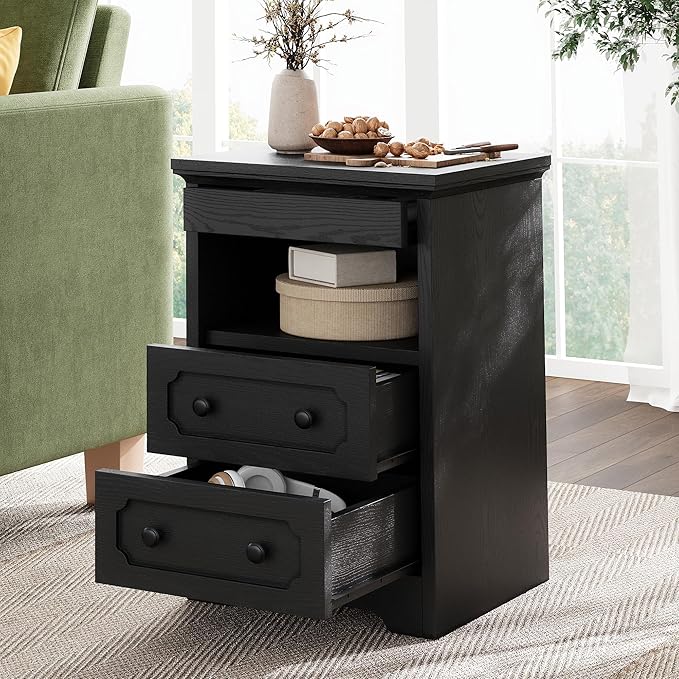 LIKIMIO Night Stand, Modern Bedside Table with 2 Drawers, Open Shelf, End Table with Pull-Out Tray, Wood SideTable, Black