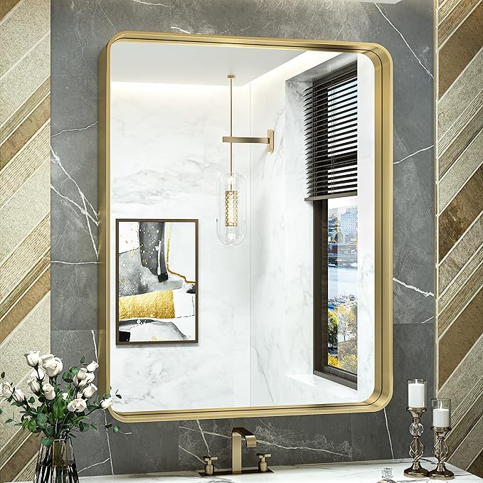 TokeShimi Gold Bathroom Mirror for Wall 30 x 36 Inch Metal Rounded Corner Rectangle Mirror Metal Frame Deep Set Design Hangs Horizontal Or Vertical