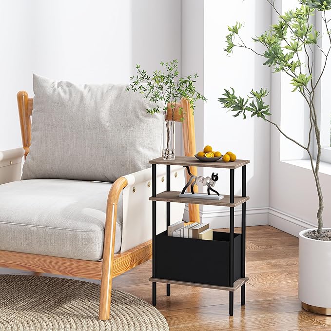 Narrow Side Table with Fabric Basket, Set of 2 End Table for Small Spaces, Slim Nightstand with 3-Tier Storage Shelf, Sofa Beside Table, for Living Room, Bed Room, Natrual Walnut