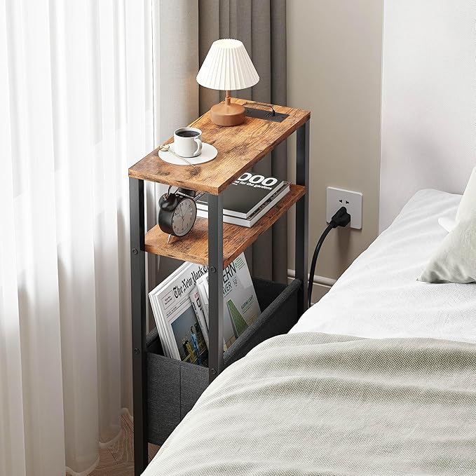 Narrow Side Table with Charging Station Slim End Table Sofa with Magazine Rack, Bedside Table for Small Spaces, 3 Tier Nightstand for Living Room Couch, Bedroom Rustic Brown LET503RE