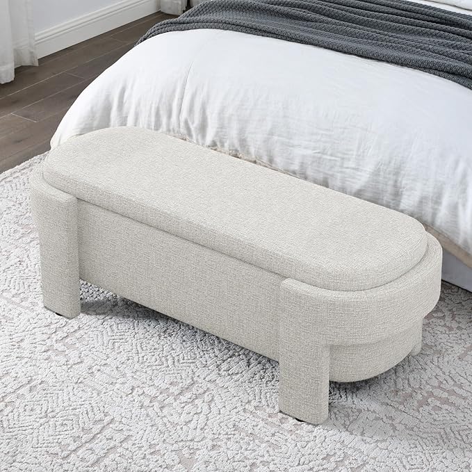 KEIKI 51" Linen Ottoman Bench with Large Storage Space, Upholstered Seating Foot Rest Stool Furniture for Bedroom, Living Room, Entryway, Beige Stripe