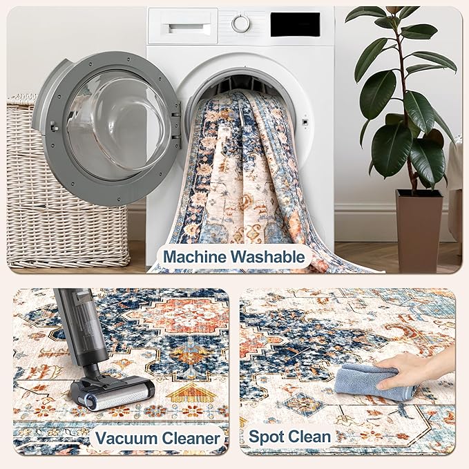 Tangsoo 2x10 Washable Runner Rug for Hallways, Non Slip Vintage Runner Rug, Soft Low Pile Long, Print Distressed Blue/Orange Carpet Runners for Kitchen Bedroom Entryway Bathroom Living Room
