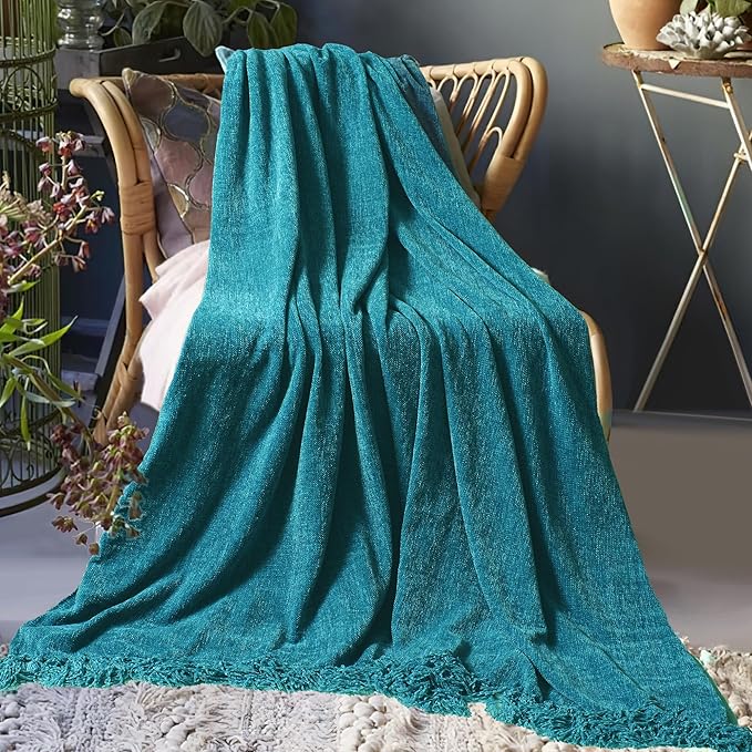 Chenille Throw Blanket for Couch 50"X 60", Soft Cozy Throws with Fringe Tassel for Bed Sofa Chair Cover, Lightweight Knitted Decorative Boho Blankets for Living Room, Teal