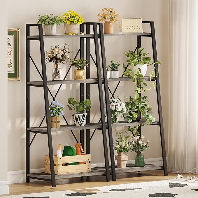 BON AUGURE Ladder Bookshelf, 4 Tier Ladder Shelf Bookcase, Wood Leaning Book Shelves for Living Room, Bedroom, Home Office Shelving Unit (Dark Grey Oak)