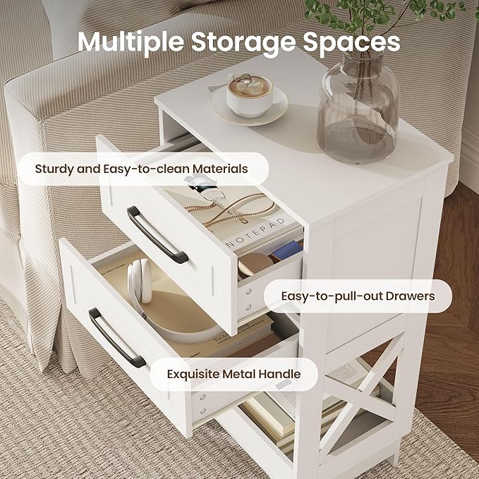 Tall Nightstand Set of 2 Side Table with 2 Drawers Modern Night Stand Wooden End Table Bedside Table with Below Open Shelf Solid Feet for Bedroom, Living Room, White