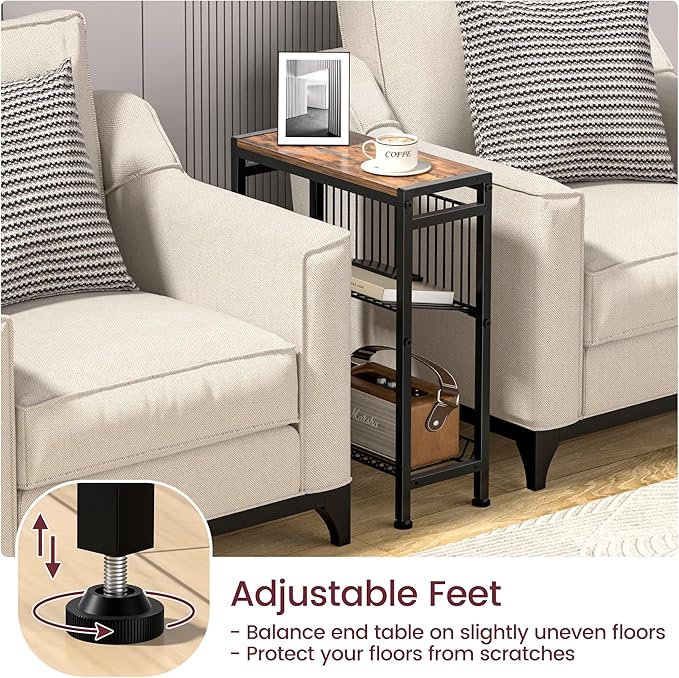 Narrow Side Table for Small Space, 3-Tier End Table with Magazine Holder,Slim Nightstand with Wire Shelf, Skinny Bedside Table in Living Room, Bedroom, Study, Kitchen and Balcony (Rustic Brown)