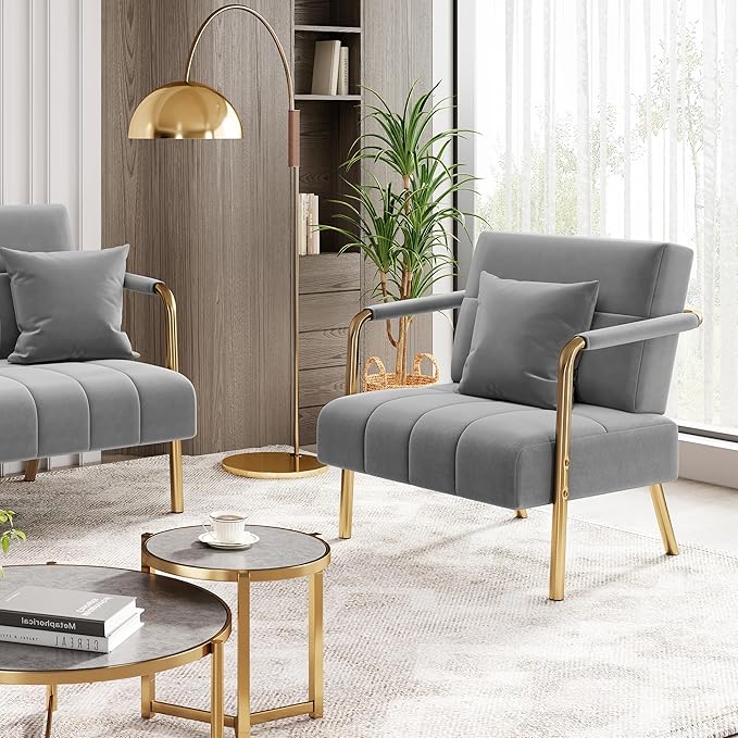 Yaheetech 30" W Modern Sofa Small Sofa Luxurious Velvet Fabric Couch with Gold-Tone Metal Arms and Legs for Living Room, Home Office, Studio Light Gray