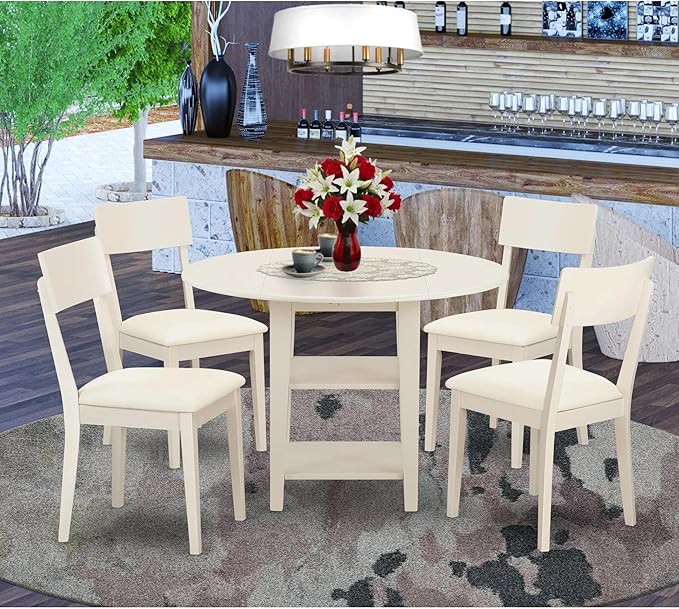 East West Furniture SUAD5-LWH-LC 5 Piece Dining Room Furniture Set Includes a Round Kitchen Table with Dropleaf & Shelves and 4 Faux Leather Upholstered Chairs, 42x42 Inch, Linen White