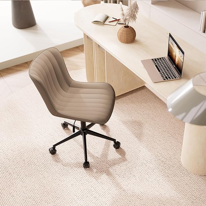 YOUNIKE Khaki Comfy Home Office Desk Chair with Wheels Armless Vanity Chair with Back Ergonomic Modern Leather Upholstered Rolling Task Chair Small Cute Sewing Chair No Arms Wide Swivel Adjustable