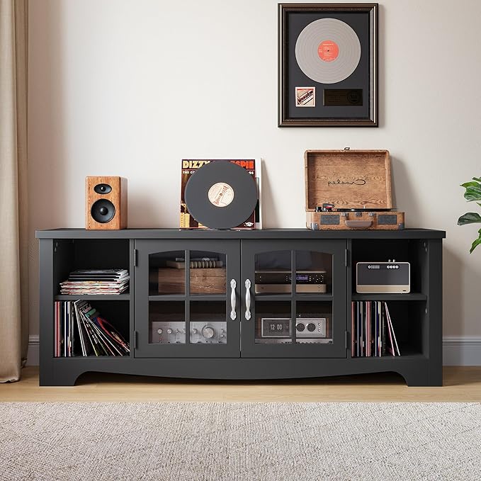 LINSY HOME Farmhouse TV Stand for 65 Inch TV, Wood Entertainment Center with Glass Door Storage Cabinet & Adjustable Shelves, Sturdy TV Console Table for Living Room Bedroom, Black