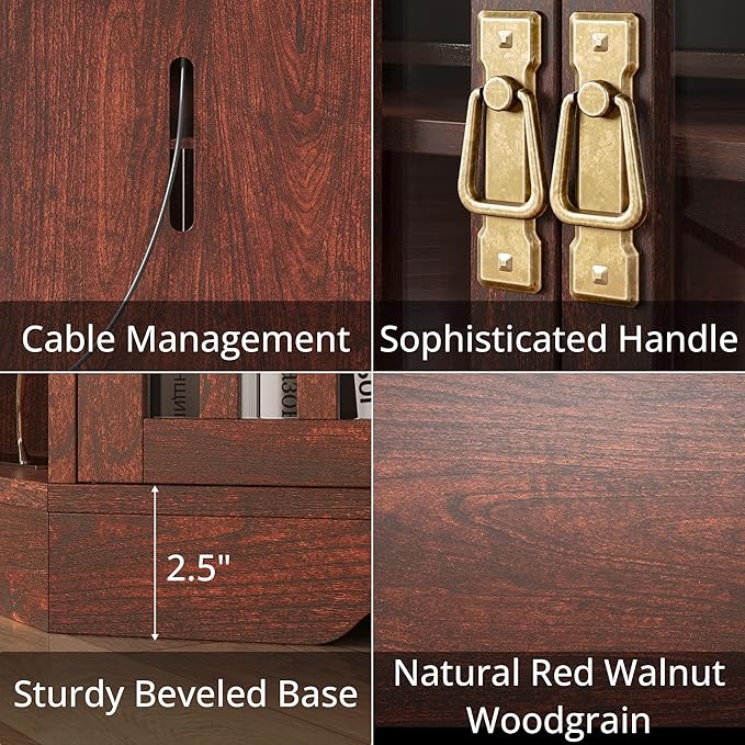 IRONCK Corner TV Stand for TVs up to 60 Inch with Power Outlet, Corner Entertainment Center with Storage Cabinet and Glass Doors, Mid Century Modern TV Stand for Living Room, Bedroom, Red Walnut