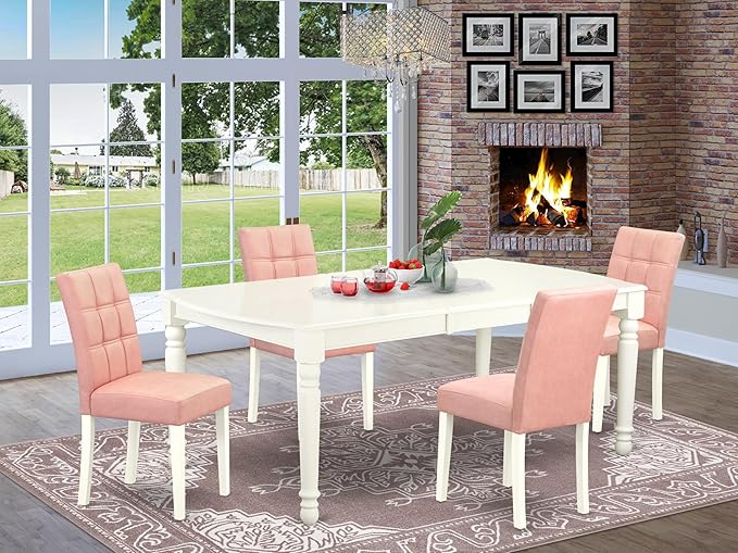 East West Furniture DOAS5-LWH-42 5 Piece Dining Table Set Includes A Kitchen Table and 4 Beige Red Polyester Fabric Dinner Chairs with Stylish Back- Linen White Finish